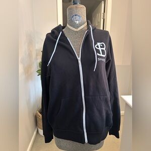 Black Zip-Up Hoodie with White Trim and Logo